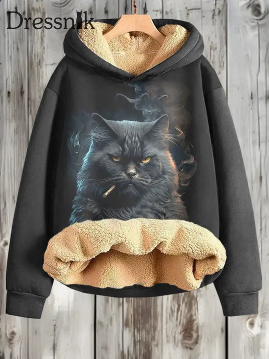 Lustige Katze Print Plus Fleece Warmes Kapuzen-Sweatshirt