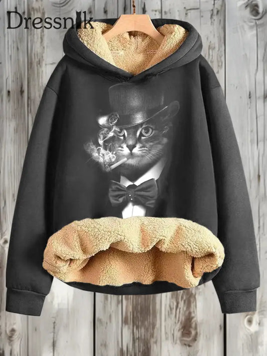 Lustige Katze Print Plus Fleece Warmes Kapuzen-Sweatshirt