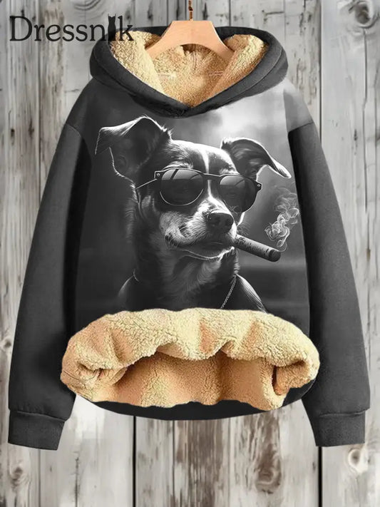 Lustiger Hunde Druck Plus Fleece-Sweatshirt Mit Kapuze