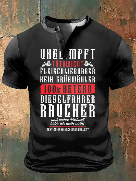 Männer 100% Hetero Print Kunst Kurzarm Henley Hals T-Shirt Schwarz / S