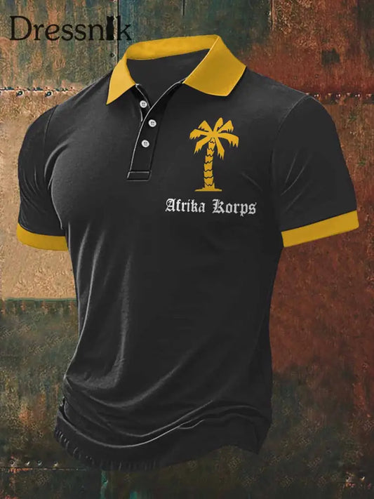 Männer Afrika Korps Print Baumwoll mischung Polo Hals Kurzarm T-Shirt Schwarz / S