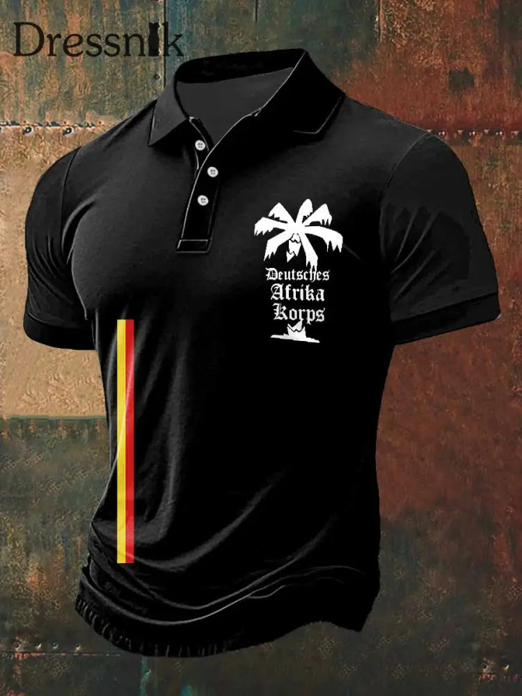 Männer Afrika Korps Print Polo Hals Kurzarm T-Shirt Schwarz / S