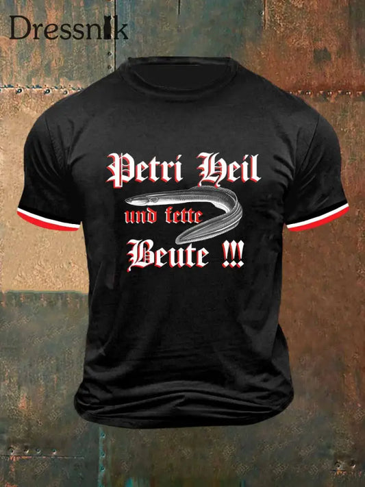 Männer Deutsch Hairtail Fisch Print Vintage Mode Kurzarm T-Shirt Schwarz / S