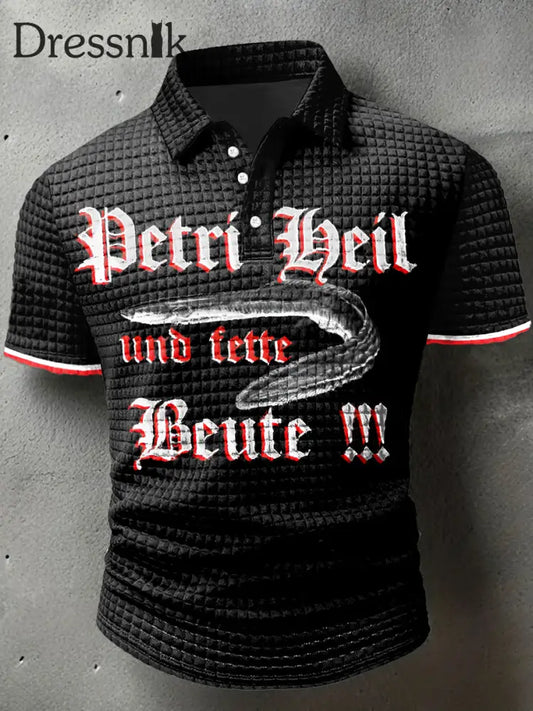 Männer Deutsch Hairtail Fisch Print Waffel Polo Hals Kurzarm T-Shirt Schwarz / S