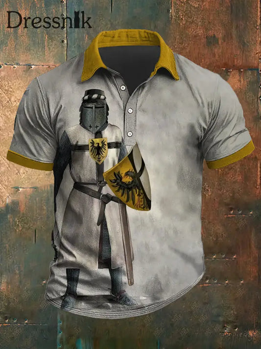 Männer Deutsch Ritter Print Polo Hals Kurzarm T-Shirt bunt / S