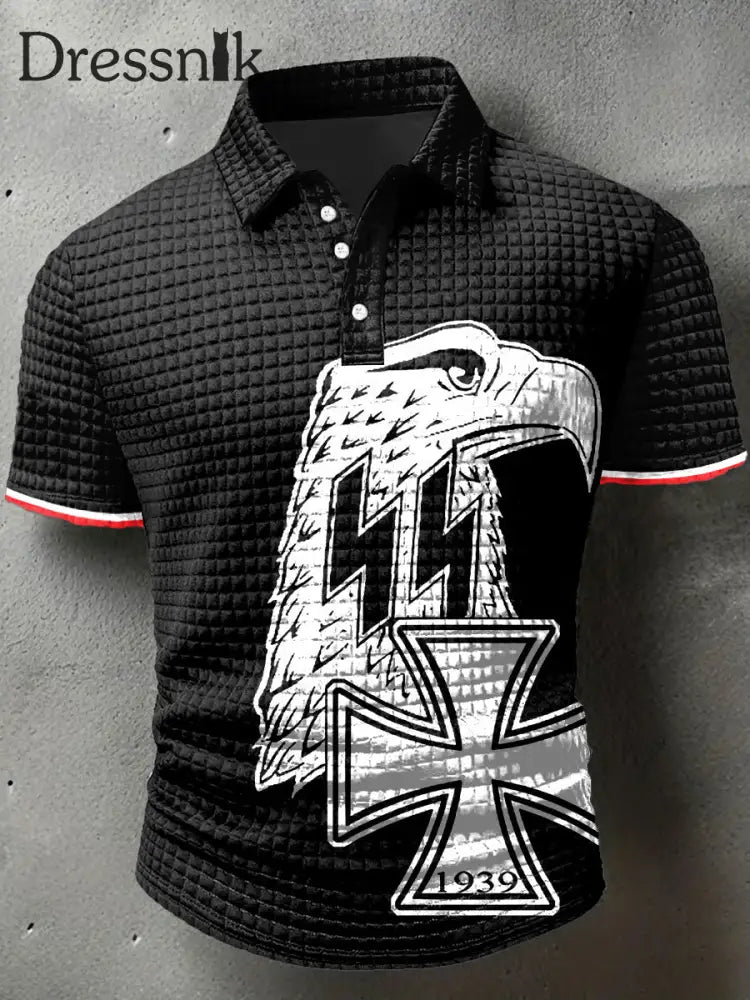 Männer Deutschland Adler Print Waffel Polo Hals Kurzarm T-Shirt Schwarz / S