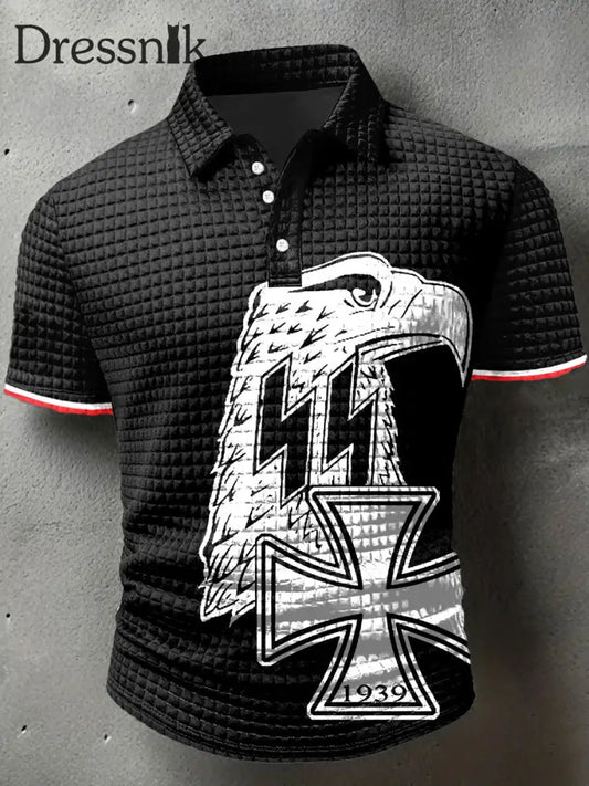 Männer Deutschland Adler Print Waffel Polo Hals Kurzarm T-Shirt Schwarz / S