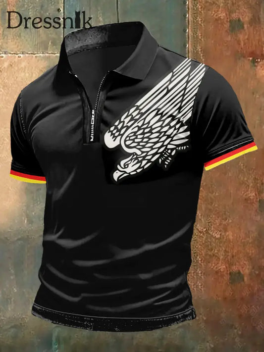 Männer Deutschland Adler Print Zip-Up Polo-Ausschnitt Kurzarm T-Shirt Schwarz / S