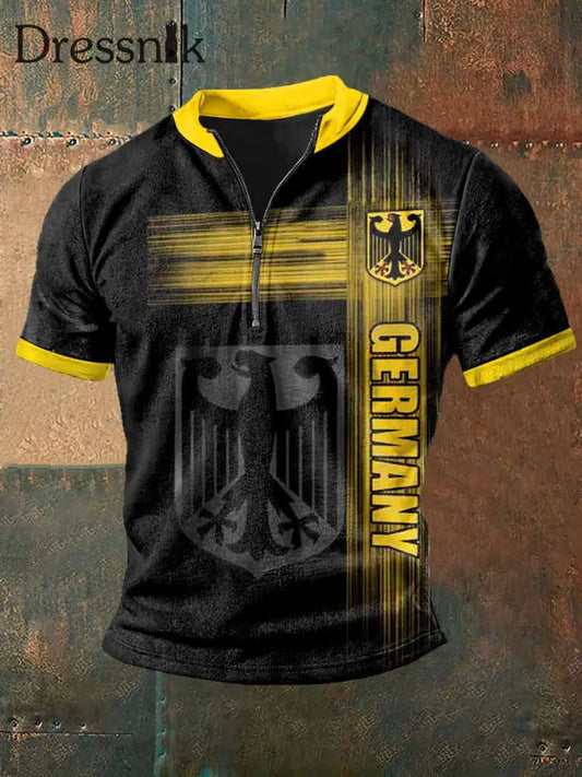 Männer Deutschland bedrucktes Kurzarm-T-Shirt mit Reiß verschluss Schwarz / S