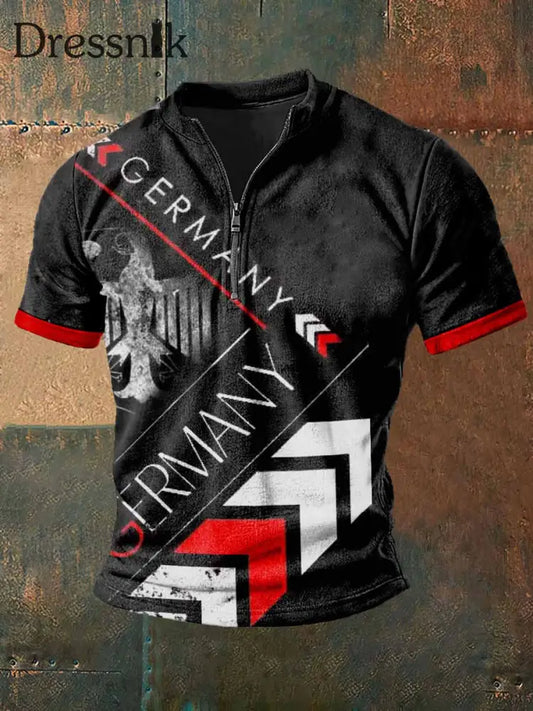 Männer Deutschland bedrucktes Kurzarm-T-Shirt mit Reiß verschluss Schwarz / S