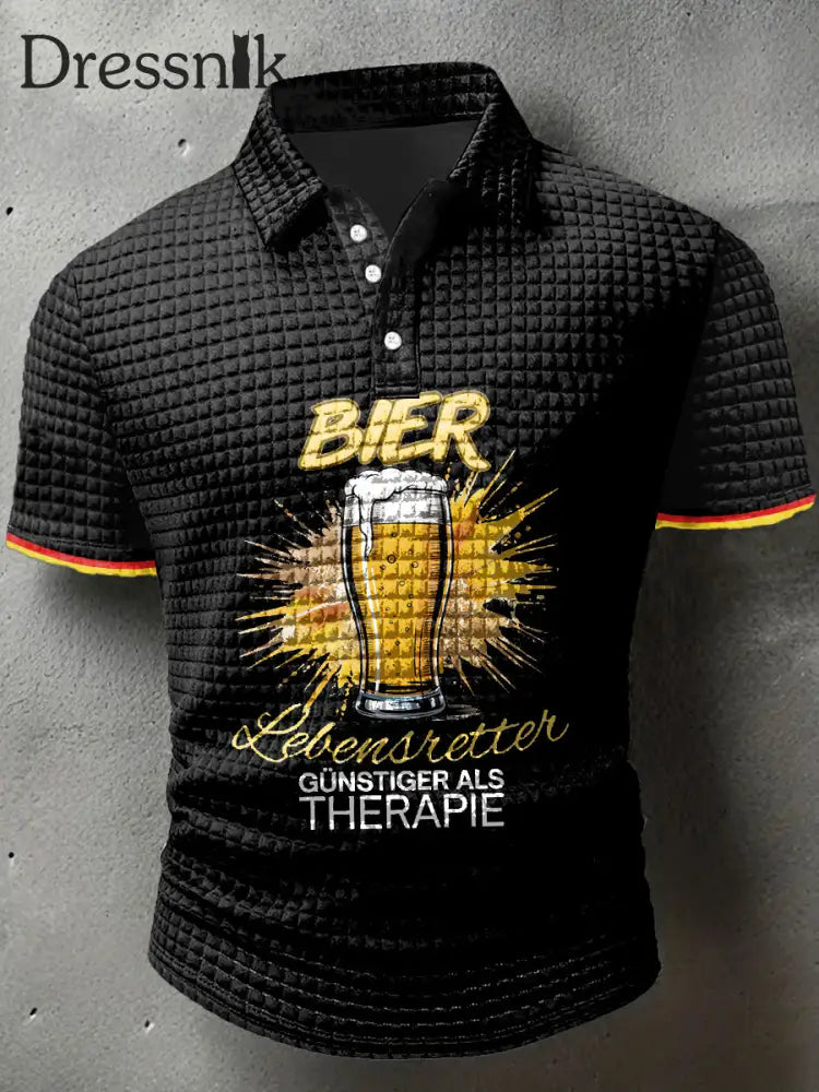 Männer Deutschland Bier Print Waffel Polo Hals Kurzarm T-Shirt Schwarz / S