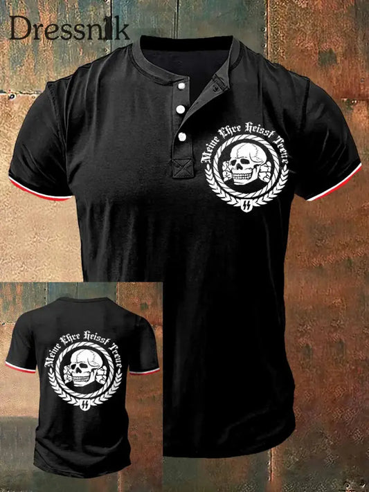 Männer Deutschland Skull Print Kunst Kurzarm Henley Hals T-Shirt Schwarz / S