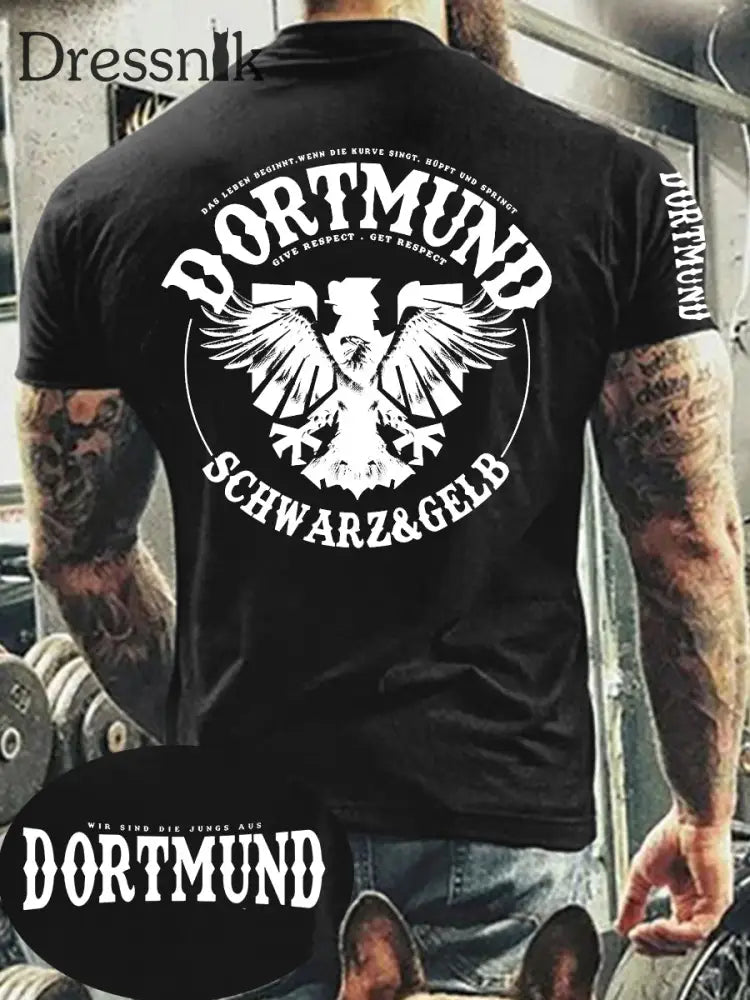 Männer Dortmund bedrucktes Kurzarm-T-Shirt Schwarz / S
