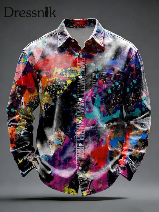 Männer dynamisches abstraktes mehrfarbiges Spritzer-Button-Down-Shirt mehrfarbig / S