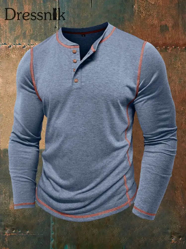 Männer einfarbig lässig Henley Kragen lang ärmel iges T-Shirt Blau / S