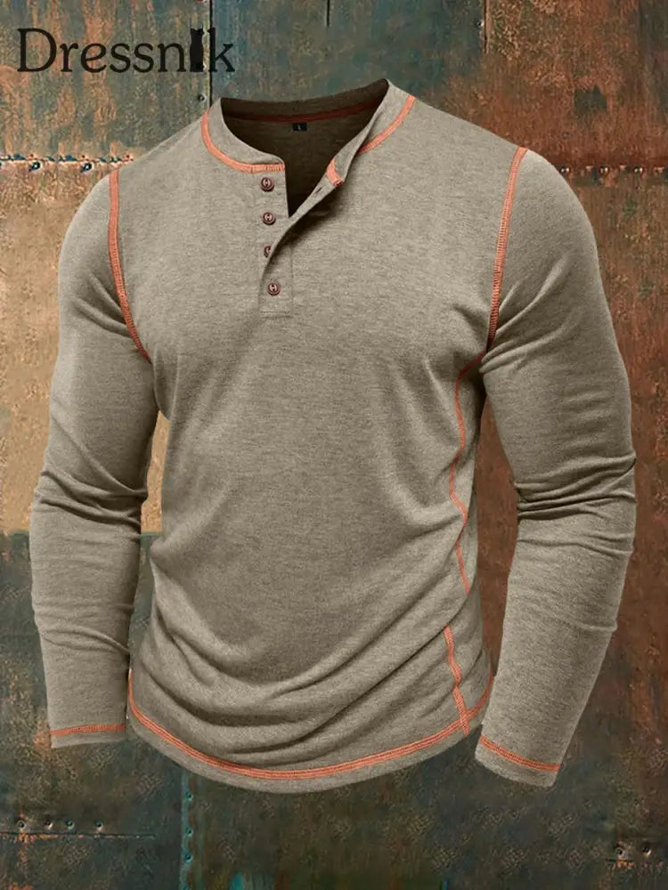 Männer einfarbig lässig Henley Kragen lang ärmel iges T-Shirt Khaki / S