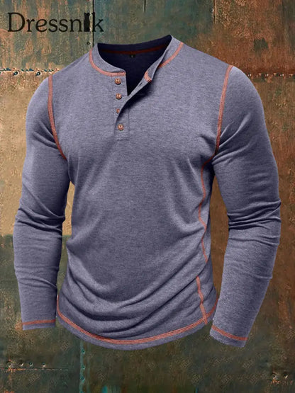 Männer einfarbig lässig Henley Kragen lang ärmel iges T-Shirt Marineblau / S