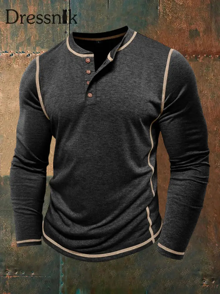 Männer einfarbig lässig Henley Kragen lang ärmel iges T-Shirt Schwarz / S