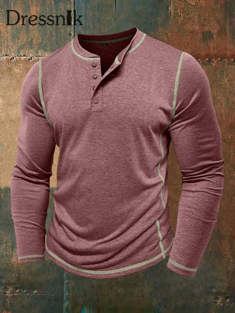 Männer einfarbig lässig Henley Kragen lang ärmel iges T-Shirt Weinrot / S