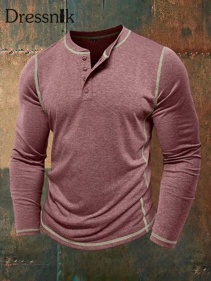 Männer einfarbig lässig Henley Kragen lang ärmel iges T-Shirt Weinrot / S