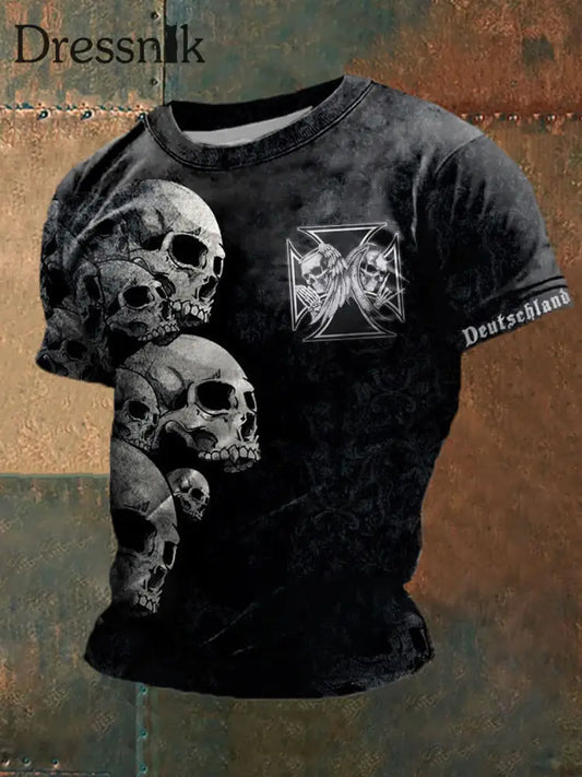 Männer Eisernes Kreuz Schädel Deutschland bedruckt Kurzarm T-Shirt Schwarz / S