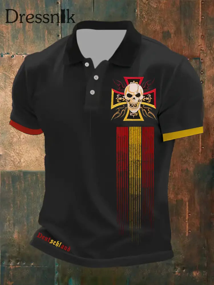 Männer Eisernes Kreuz Schädel Print Polo-Shirt Schwarz / S