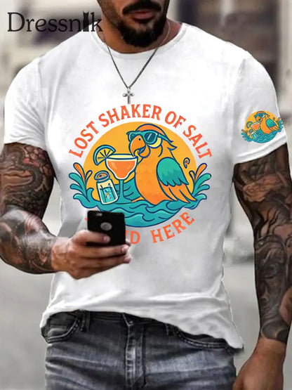 Männer Es ist 5:00 Irgendwo immer verlorener Salz streuer hier gefunden Papageien druck lässiges Kurzarm-T-Shirt Weiß