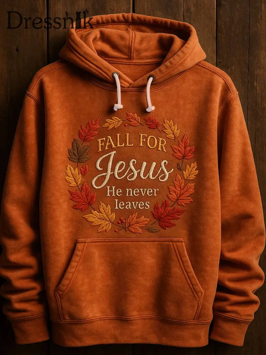 Männer fallen für Jesus Er verlässt nie übergroßen Schulter-Hoodie mit Taschen Orange / S