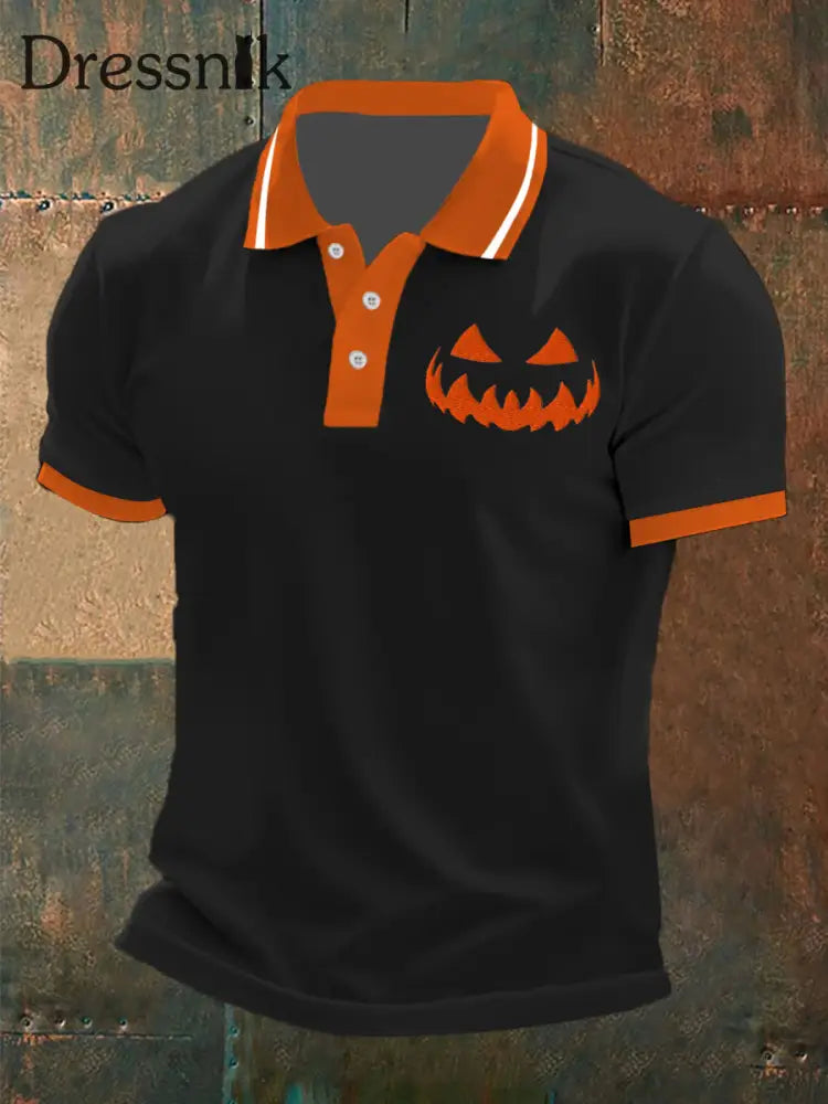 Männer Halloween Kürbis Gesicht Kurzarm Hemd Schwarz / S