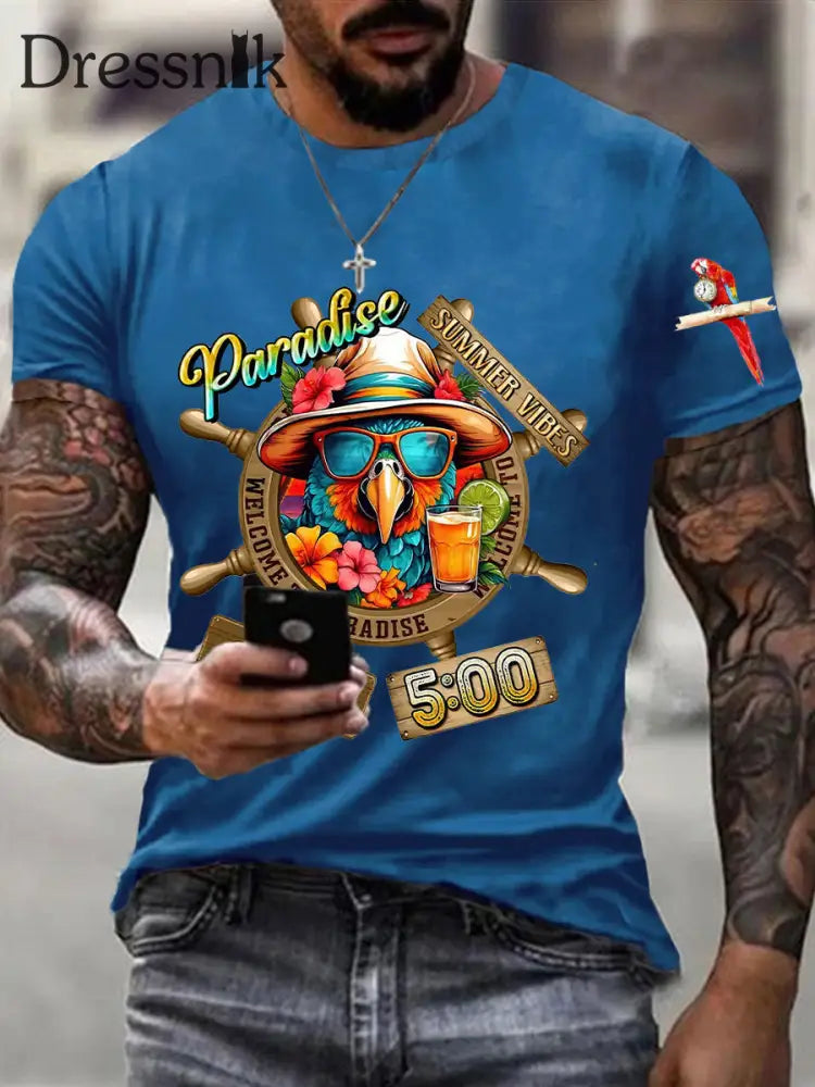 Männer immer Happy Hour Paradies Es ist 5 Uhr Papagei Print Casual Kurzarm T-Shirt Blau / S