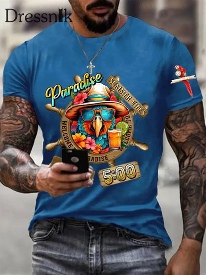 Männer immer Happy Hour Paradies Es ist 5 Uhr Papagei Print Casual Kurzarm T-Shirt Blau / S
