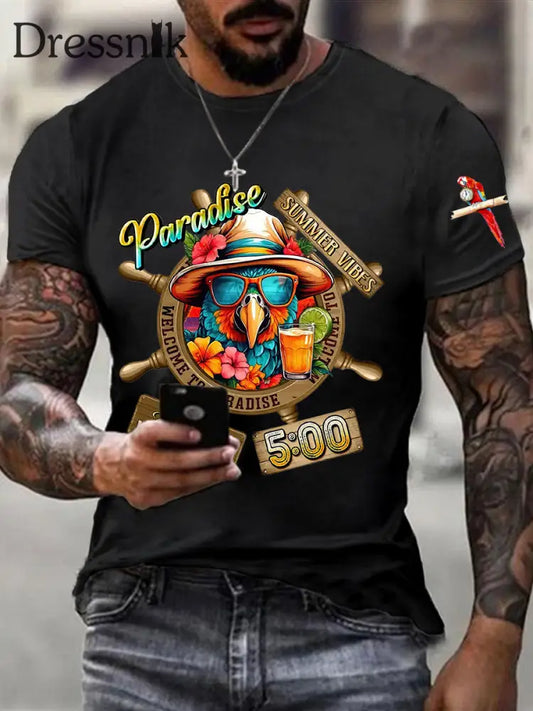 Männer immer Happy Hour Paradies Es ist 5 Uhr Papagei Print Casual Kurzarm T-Shirt Schwarz / S