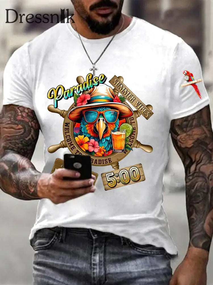 Männer immer Happy Hour Paradies Es ist 5 Uhr Papagei Print Casual Kurzarm T-Shirt Weiß / S
