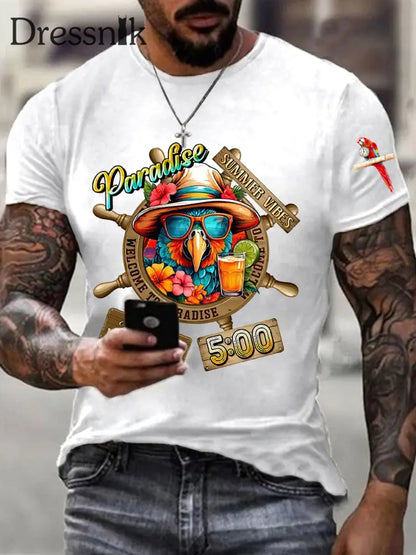 Männer immer Happy Hour Paradies Es ist 5 Uhr Papagei Print Casual Kurzarm T-Shirt Weiß / S