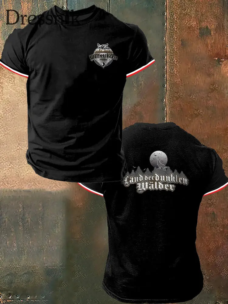 Männer Krieg Wolf Print Vintage Mode Kurzarm T-Shirt Schwarz / S