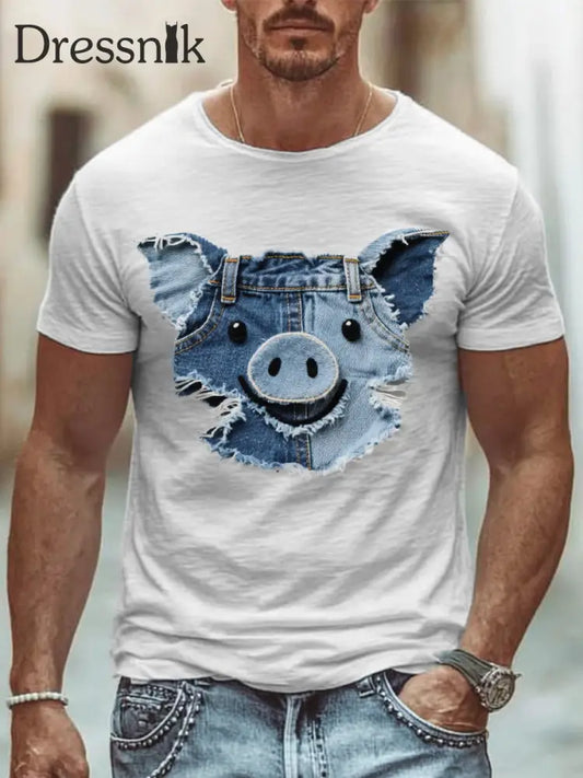 Männer niedliches Schwein Patchwork Kunst T-Shirt Weiß / S