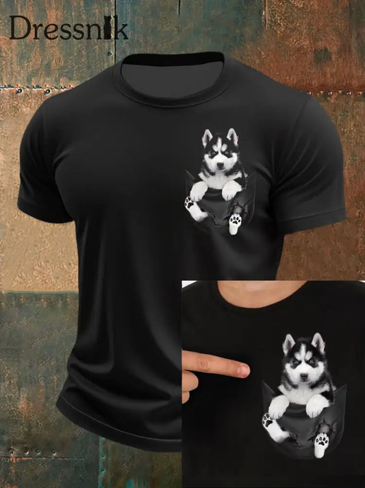 Männer niedliches Welpen-T-Shirt mit 3D-Druck kurze Ärmel Schwarz / S
