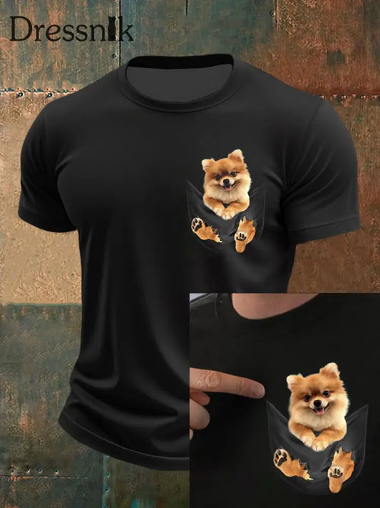 Männer niedliches Welpen-T-Shirt mit 3D-Druck kurze Ärmel Schwarz / S