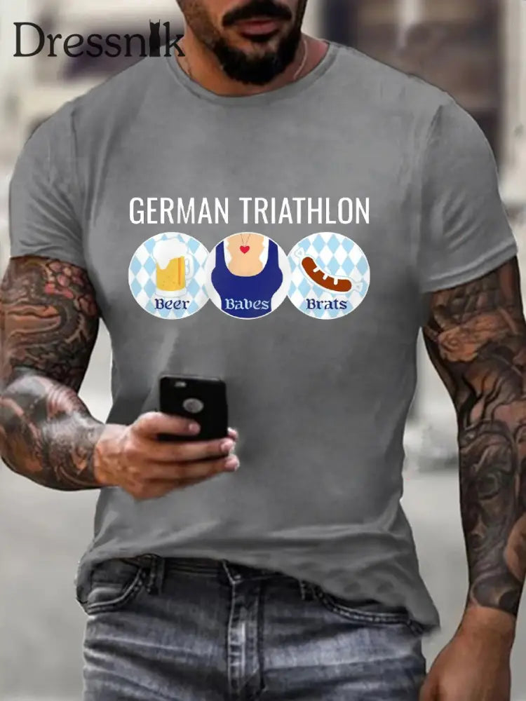 Männer Oktoberfest Triathlon Lustiges Trinken T-Shirt Hellgrau / S