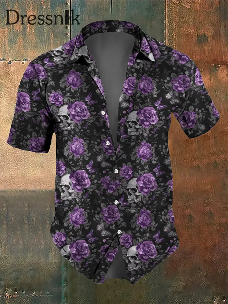 Männer Retro Dunkler Stil Schädel Rose Schmetterling Print Shirt Schwarz / S