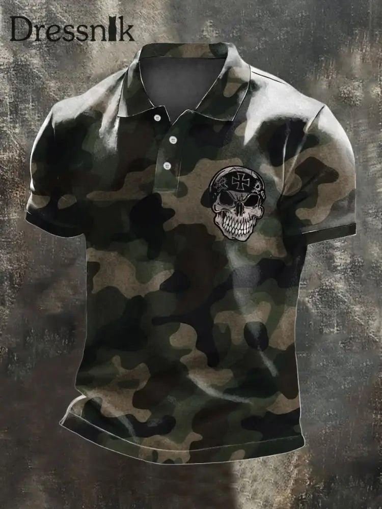 Männer schroff Woodland Camo Deutsches Kreuz Schädel Polo Shirt mehrfarbig / S