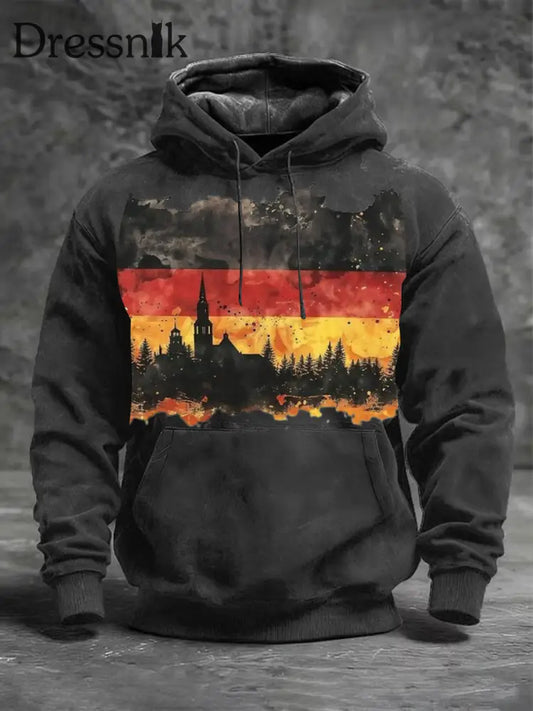 Männer Schwarz Distressed Deutschland Flagge & Kirche Print Hoodie mehrfarbig / S