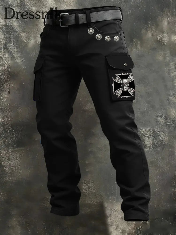 Männer schwarz Nieten Schädel Eisernes Kreuz Arbeits hose mehrfarbig / S