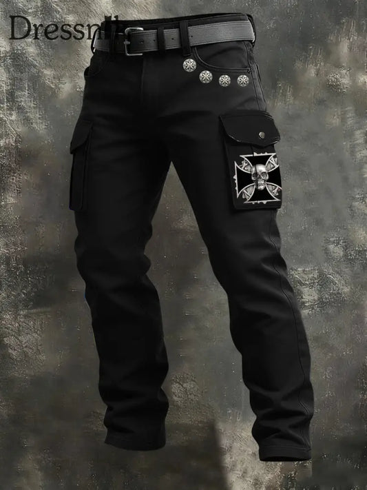 Männer schwarz Nieten Schädel Eisernes Kreuz Arbeits hose mehrfarbig / S