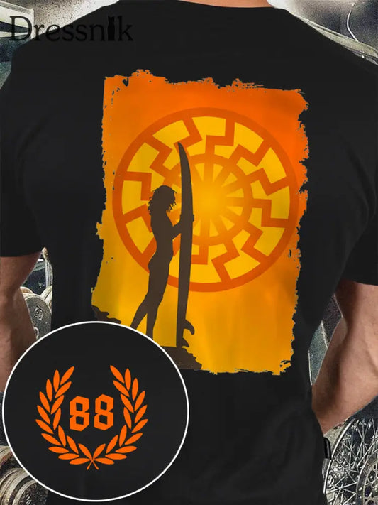 Männer Sonne und Nummer 88 bedrucktes Kurzarm-T-Shirt Schwarz / S
