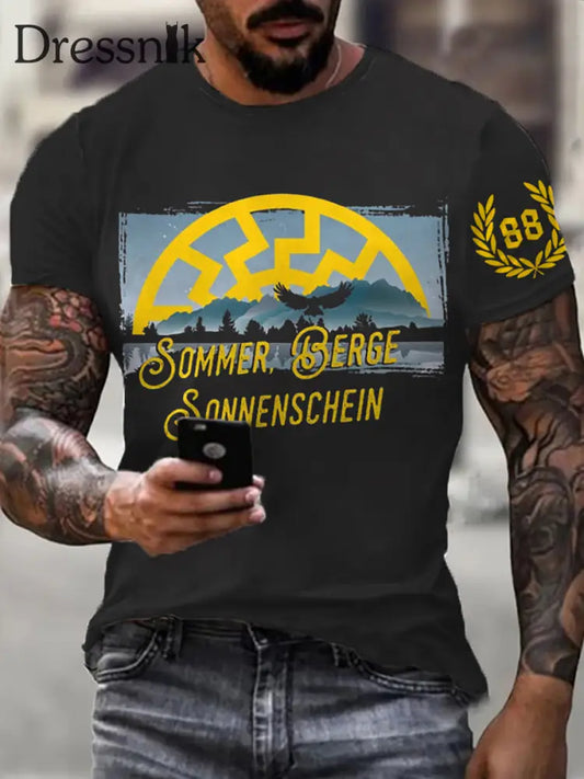 Männer Sonne und Nummer 88 bedrucktes Kurzarm-T-Shirt Schwarz / S