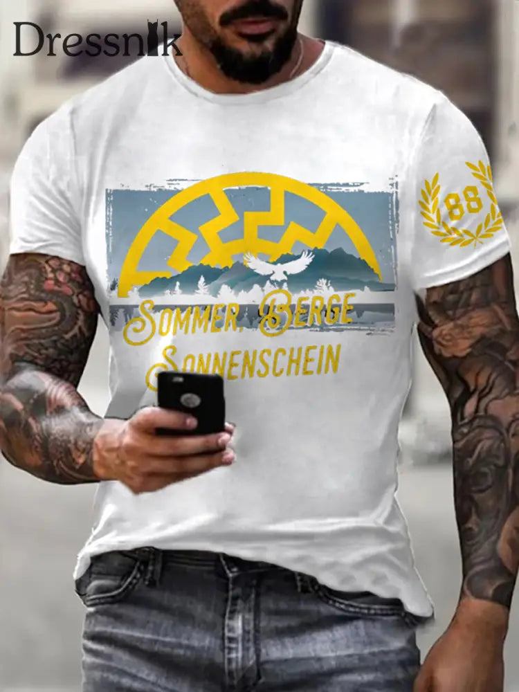 Männer Sonne und Nummer 88 bedrucktes Kurzarm-T-Shirt Weiß / S