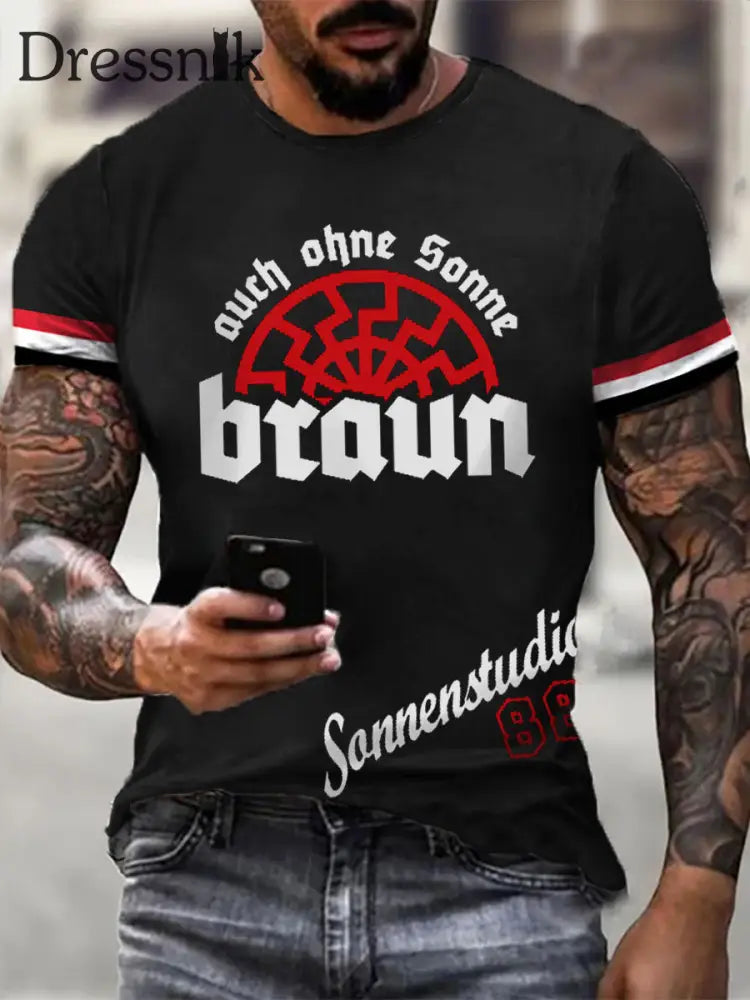 Männer Sonnen braun 88 Auch ohne Sonne braun bedrucktes Kurzarm-T-Shirt Schwarz / S