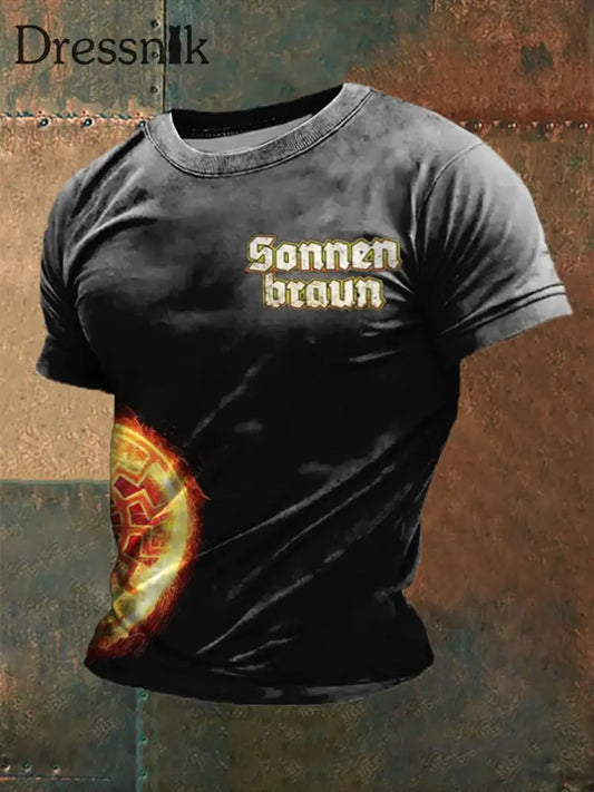 Männer Sonnen braun bedrucktes Kurzarm-T-Shirt Schwarz / S