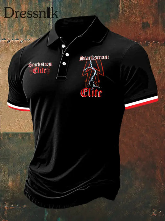 Männer Starkstrom-Print-Polo-Hals-Kurzarm-T-Shirt Schwarz / S
